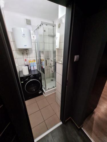 a bathroom with a glass shower and a toilet at Luxury apartaments Klimatyzacja 1 in Radom