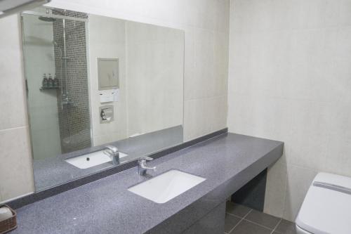 a bathroom with a sink and a mirror and a toilet at Sancheong Korean Medicine Family Hotel in Sancheong