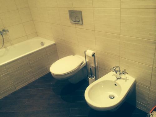 ブダペストにあるSushi Apartmanのバスルーム(トイレ、ビデ、シンク付)
