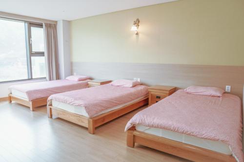 two beds in a room with pink sheets at Sancheong Korean Medicine Family Hotel in Sancheong