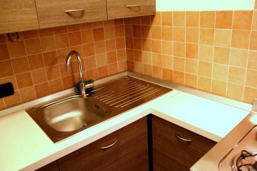 een keuken met een roestvrijstalen wastafel en bruine kasten bij La Mansarda di Legno in Turijn