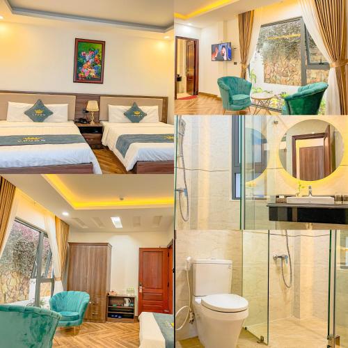 a collage of four pictures of a hotel room at Crown Dalat Hotel in Da Lat