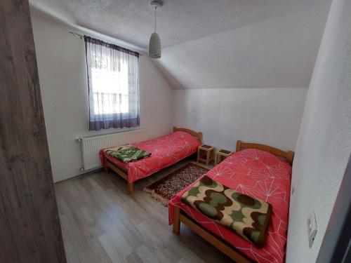 a small room with two beds and a window at Tetka Viki in Mavrovo