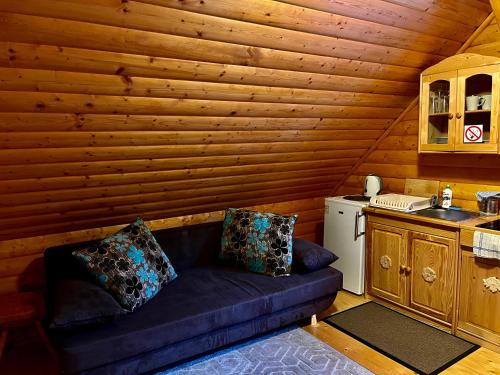 a couch in the kitchen of a log cabin at Apartament Lis in Szczyrk