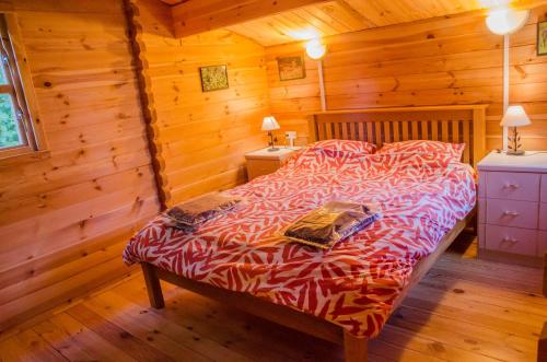 a bedroom with a bed in a wooden cabin at Le Chalet De Louyère in Saint-Salvadour