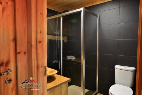 a bathroom with a toilet and a glass shower at Chalé Avô Alfredo in Cortes do Meio