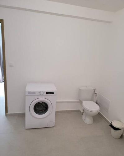 a bathroom with a washing machine and a toilet at Hello Guyane (4), Suite Junior Luxury, 5 étoiles in Cayenne