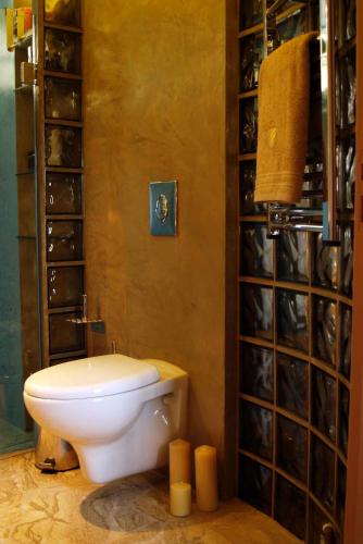 a bathroom with a toilet and a wall of wine bottles at DonQuihotel Chalet in Karvounádhes
