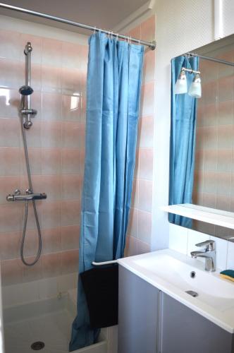une salle de bain avec une douche avec un rideau de douche bleu dans l'établissement Appart à 2 pas de la plage - Centre d'Asnelles, à Asnelles