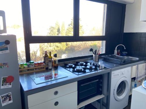 Il comprend une cuisine équipée d'une cuisinière. four supérieur à côté d'une fenêtre dans l'établissement Appartement Circé - Montpellier Nord-Hopitaux-Facultés, à Montpellier