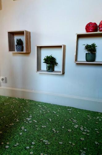 a white wall with three potted plants on it at L'Atelier Bed and Breakfast in Andrimont