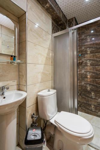a bathroom with a toilet and a sink and a shower at Candy Hotel in Istanbul
