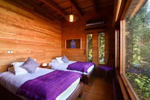 two beds in a room with wooden walls at Aldea Naukana Posada Boutique in Pucón