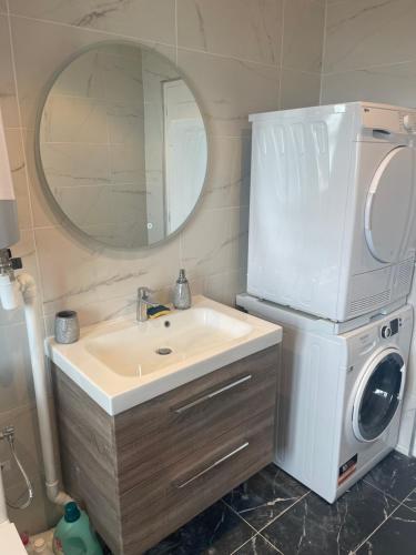 uma casa de banho com um lavatório e uma máquina de lavar roupa em L'Etoile Imani -Amazing apartment near Orly Airport em Villeneuve-Saint-Georges
