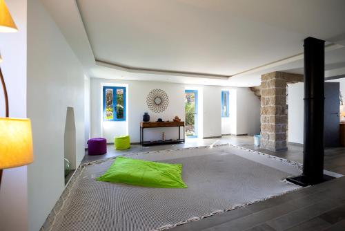 a living room with a green pillow on the floor at Le moulin de Figari, oil mill & pool in Figari