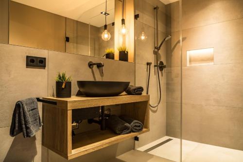 ein Bad mit einem Waschbecken und einer Dusche in der Unterkunft Apartment34 in Öhringen