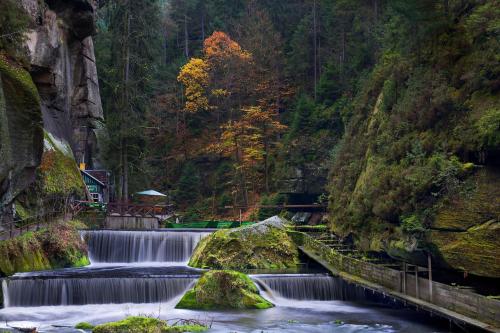 a waterfall in the middle of a forest at Resort Mezná in Hřensko