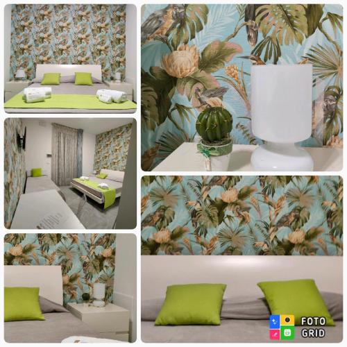 a collage of four pictures of a bedroom with green accents at Bed Nonnonino in Porto Cesareo