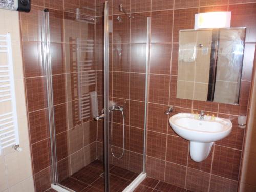 a bathroom with a shower and a sink at Bansko Royal Towers Hotel in Bansko