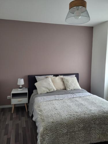 1 dormitorio con 1 cama y mesita de noche con lámpara en Le bel'air appartement chaleureux et calme oyonnax, en Oyonnax