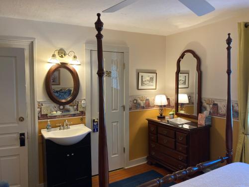 a bathroom with a sink and a mirror and a bed at Terrell House B&B in Burnsville
