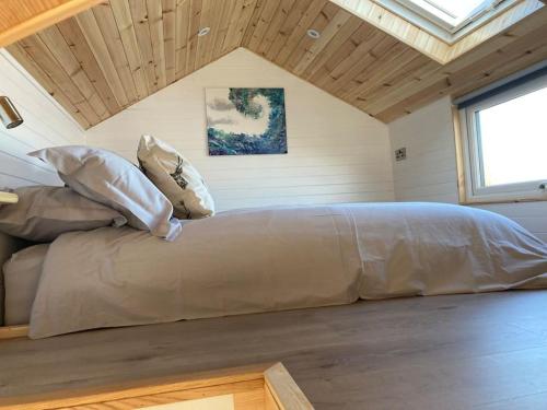 a large bed in a room with a window at The Ashmere Tiny House in Coldingham