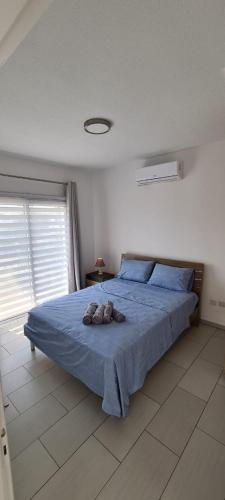 a bedroom with a bed with a blue blanket at Lovely 1betroom apartment near the beach in Pyla