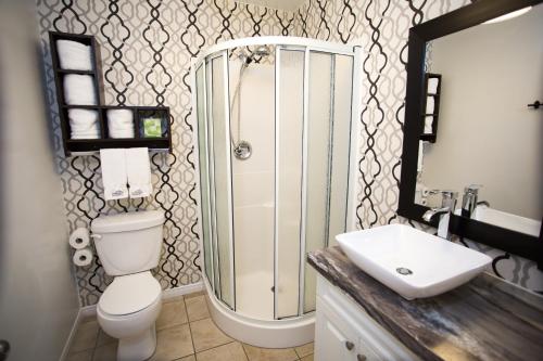 a bathroom with a shower and a toilet and a sink at Studiotel Bromont in Bromont