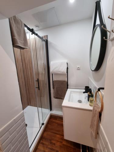a bathroom with a shower and a sink at comme un air de chez soi in Calais