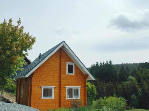 una piccola casa di mattoni in mezzo a un campo di Wooden house with sauna in K stelberg a Medebach