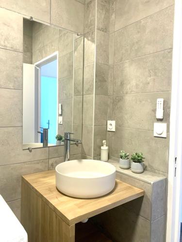 une salle de bain avec un lavabo blanc et un miroir dans l'établissement Le Myanmar - Hyper Centre - Parking - 4p, au Mans