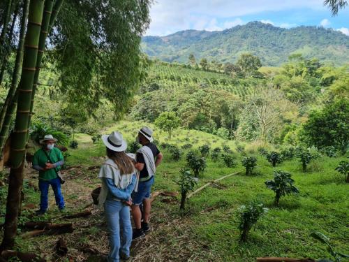 a group of people standing in a field of trees at Finca del Café - Casa Typica in Santa Rosa de Cabal