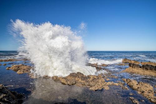 a wave crashing on the rocks in the ocean at Kellys Cove in Yachats