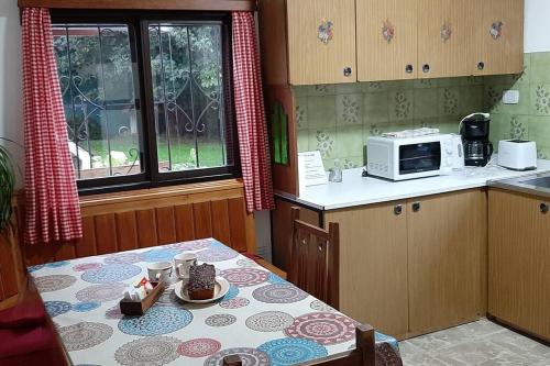 eine Küche mit einem Tisch und einer Mikrowelle in der Unterkunft Alpenhaus - Cálido depto céntrico 5 pax - con estacionamiento in San Carlos de Bariloche