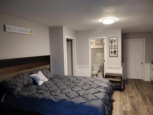a bedroom with a large bed and a bathroom at A sweet modern apt studio in charleston SC in Charleston