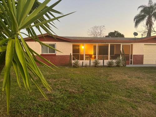 a house with a palm tree in front of it at Private Tropical Waterfront Sanctuary w pool, hot tub & an island! Pet Friendly in New Port Richey