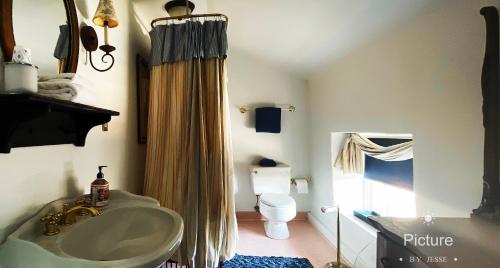 uma casa de banho com um lavatório e um WC em Wayside Inn Bed and Breakfast em Ellicott City