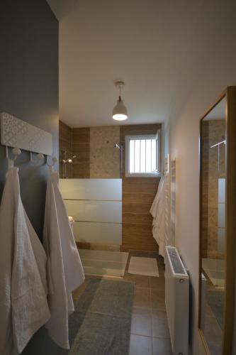 ein Badezimmer mit Dusche und Badewanne in der Unterkunft La Bulle Emeraude, détente à deux, en famille ou entre amis in Plancoët