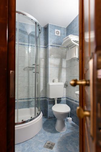 a bathroom with a toilet and a glass shower at Juliu's Panzio Csikszereda in Miercurea-Ciuc