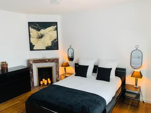 1 dormitorio con 1 cama y chimenea en Nice cocooning apartment for a relaxing moment en Reims