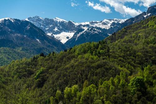 a mountain valley with snow capped mountains in the background at B&B immerso nel bosco con area benessere esclusiva nel cuore delle montagne - IDUEVAGAMONDI in Chiusa di Pesio
