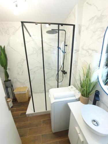 une salle de bain avec une douche, des toilettes et un lavabo dans l'établissement Le bohème chic !, à Gréoux-les-Bains