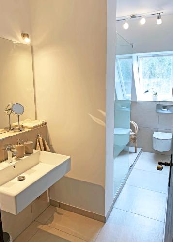 a bathroom with a white sink and a mirror at Landhaus am Sonnenberg in Bad Bertrich