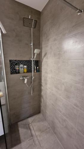 a shower stall in a bathroom with a shower at Apartament Drewnowska in Łódź