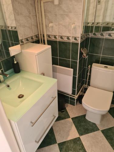 une salle de bain avec un lavabo et des toilettes dans l'établissement Charmant studio proche de la mer, à Tourgéville