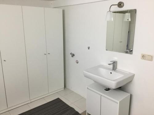 W białej łazience znajduje się umywalka i lustro. w obiekcie Ferienwohnung Wald-Stadt-Blick w mieście Erfurt