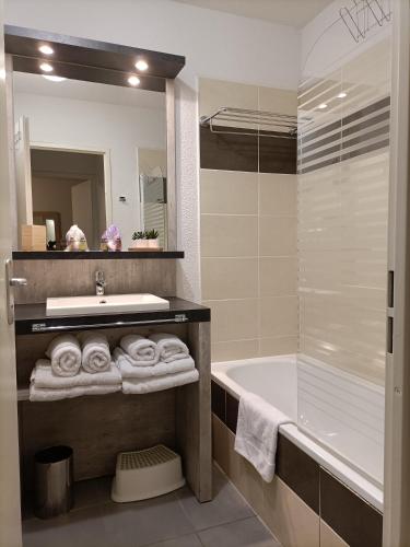 une salle de bain avec un lavabo, une baignoire et un miroir dans l'établissement Résidence de la Source by Euclenima, à Salies-de-Béarn