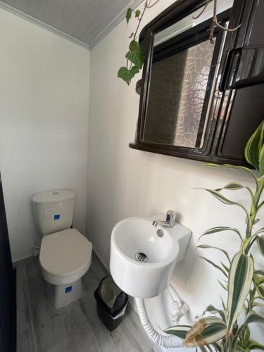 y baño con lavabo blanco y aseo. en Habitación privada en casa de familia cerca del CC VIVA Envigado, en Itagüí