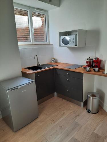 une petite cuisine avec un évier et un micro-ondes dans l'établissement Résidence Beauvau – Numéro 3 - Centre de SARLAT, à Sarlat-la-Canéda