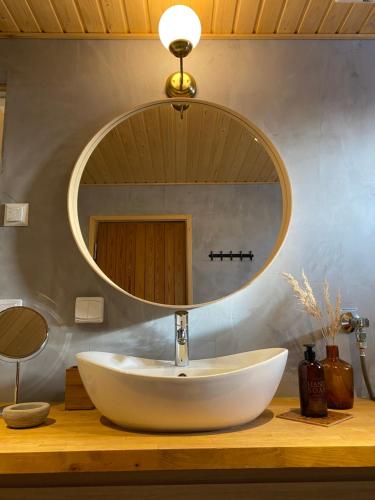 a bathroom sink with a large mirror on a counter at Villa Aini in Rovaniemi